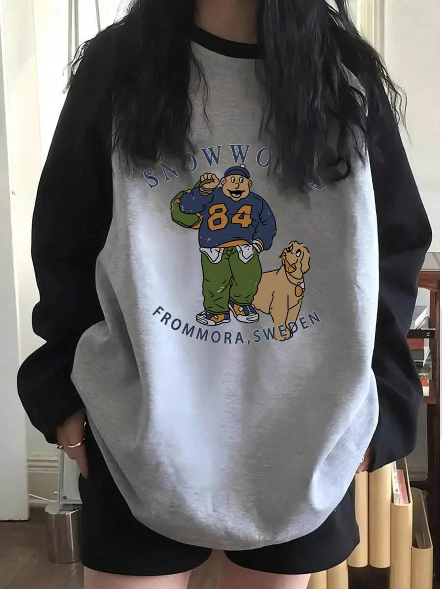 女式宽松休闲百搭卡通人物和狗狗印花撞色插肩袖T恤 - 灰色 - 查看 1