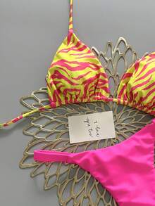 2 件波西米亚豹纹星星印花休闲可爱优雅性感扎染钩针撞色饰边比基尼泳装，海滩度假，春夏 - 玫紅色 - 查看 4