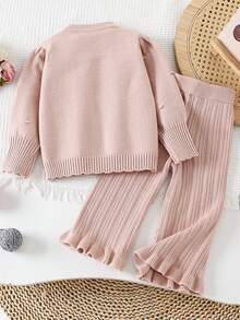 2pcs Girls Autumn/Winter Sweater Set, Floral 3D Embellished Sweater & Leggings, Outfit For Outings, Holidays, Birthday Gift - Pink - View 2
