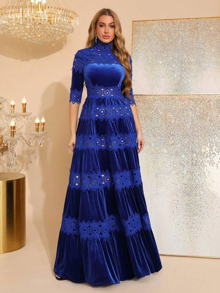 新款复古花卉刺绣镂空设计法兰绒长款连衣裙，高领长袖修身褶皱性感礼服，适合婚礼、派对、正式场合穿着。 - 藍色 - 查看 1