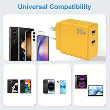 High Power Fast Charging Wall Charger Yellow 50W Dual Port Fast Wall Charger USB C Charger Dual Ports Charging Plug PD 25W Power Type C Fast Charging GaN Block 2 In 1 Wall Plug Compatible With Galaxy S23 Compatible With Iphone 17 16 15 14 13 12 11 X Pro Pixel Included 2M Cable Spring Gift - View 5