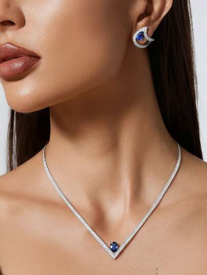 Three Pieces Set Of Sapphire V-Shaped Full Diamond Necklace, Crescent Earring Set, Dinner Party Sparkling Jewelry Set