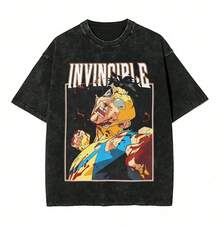 Invincible Washed T Shirt Men Battle Vintage Cotton T-Shirts Summer O Neck  Cool Tee Shirt Loose Big Size Tops - màu đen - Xem 1