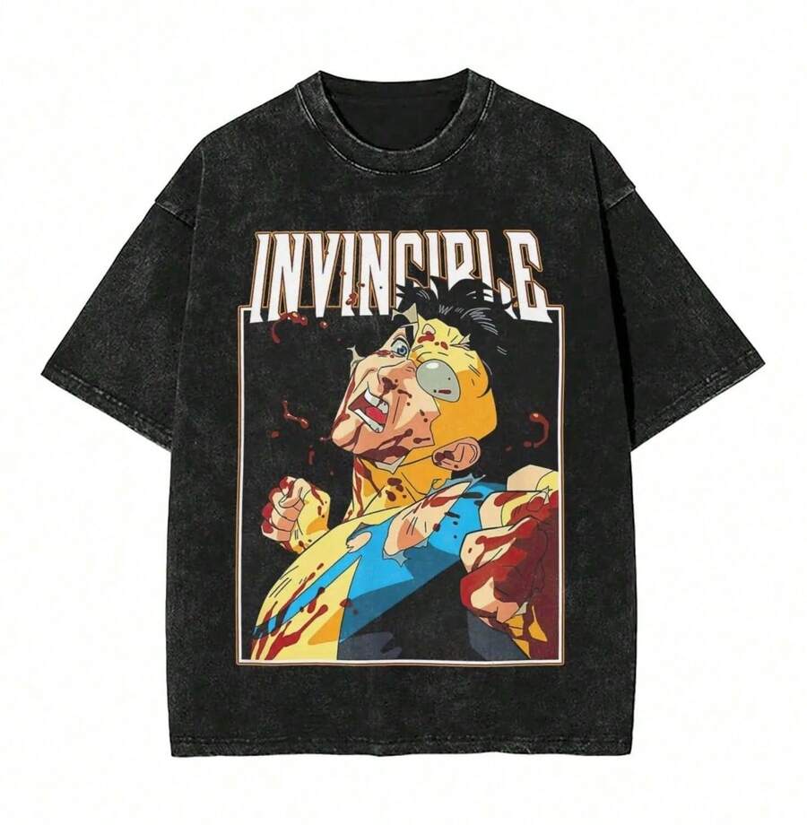 Invincible Washed T Shirt Men Battle Vintage Cotton T-Shirts Summer O Neck Cool Tee Shirt Loose Big Size Tops - màu đen - Xem 1