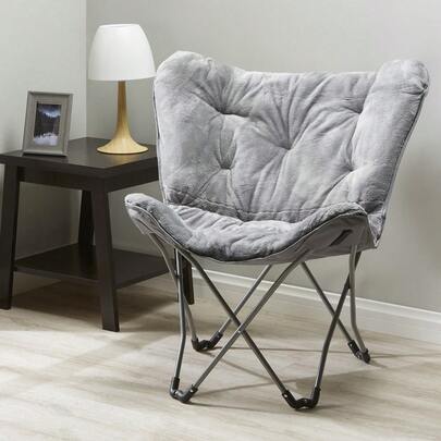 Faux Fur Butterfly Chair, Gray - Plush Accent Seating With Metal Frame For Bedroom, Dorm & Living Room
