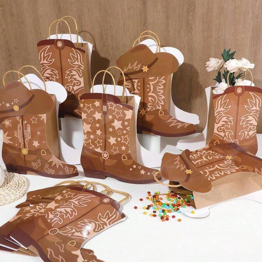 4/8/16pcs Western Cowboy Boot & Hat Kraft Paper Bags With Handles | Rodeo Theme Party Favors For Birthdays, Bachelorette Parties & Wild West Decorations, Mixed Colors, DIY Western-Themed Designs, Cowboy Hat - màu nâu - Xem 1