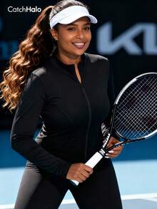 Plus Size Slim Fit Curvy Sports Jacket, Black Thumb Hole Ultra Breathable Full Zip Up Stand Collar Fitted Figure-Flattering Non-Restricting Workout Coat, Fall Winter Gym Running Daily Casual