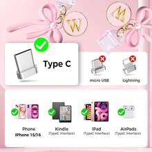 3Pcs Pink Bow USB C Dust Plug Charms 17/16/15 Pro,Cute Initial Type C Dust Plug Covers Phone Charging Port,Port Cover Protector Accessories Paperwhite Colorsoft - W - 查看 11