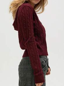 Zip Up Cardigan For Women Y2k Cable Knitted Long Sleeve Hooded Crop Cardigan Sweater Solid Color Knitwear Jacket Fall Lightweight Clothes Winter Outerwear Streetwear - 酒紅色 - 查看 2
