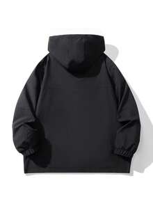 Plus Size Men's Printed Loose Fit Utility Bomber Jacket, American Casual Style - Black - View 3