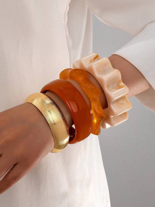 1 Pc Fall Winter Brown Color Stacked Resin Cuff Bangle Bracelet - American European Popular Oversized Chunky Metal Bracelets Set - Fashionable Acetate Arm Band Bangles Set For Daily Wear , Dating , Party