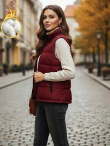 Women's Puffer Vest Sleeveless Jacket Zip Up, Casual Layered Outerwear For Autumn/Winter - Burgundy - View 3