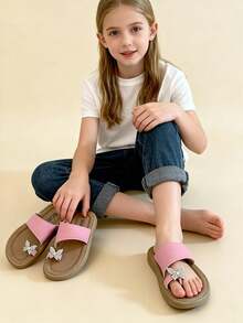 1 Pair Of Summer New Water Diamond Patterned Artificial Leather Open-Toe Flat Girls' Flip-Flops. Sweet Slippers Are Suitable For Children Aged 3 To 15 To Wear At Home For Relaxation And When Going Out - Pink - View 4