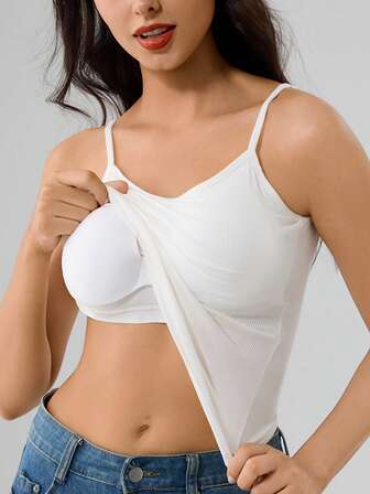 1 pieza Camiseta sin espalda blanca para mujer, copa de algodón no desmontable, simple y cómoda, adecuada para uso al aire libre, chaleco de mujer de unicolor