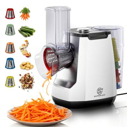 SUPERLEX 5-In-1 Electric Rotating Nut Grinder, Integrating Salad Grater, Cheese Rotating Grater, Vegetable Slicer, Vegetable Chopper, Carrot Grater, Nut Grinder, And Cabbage Shredder. Equipped With 5 Replaceable Roller Stainless Steel Blades And A Strong Suction Cup Base. An Easy-To-Clean Kitchen Gadget With A Storage Box, Suitable For Kitchens And Apartments. Applicable To Fruits, Vegetables, Cheese, Biscuits And Other Ingredients.