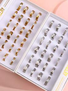 Set de 10 anillos de pareja, anillos de boda de acero inoxidable con cristal en forma de corazón, unisex, accesorios para fiesta - Anillo par de diamantes en garra - Ver 17