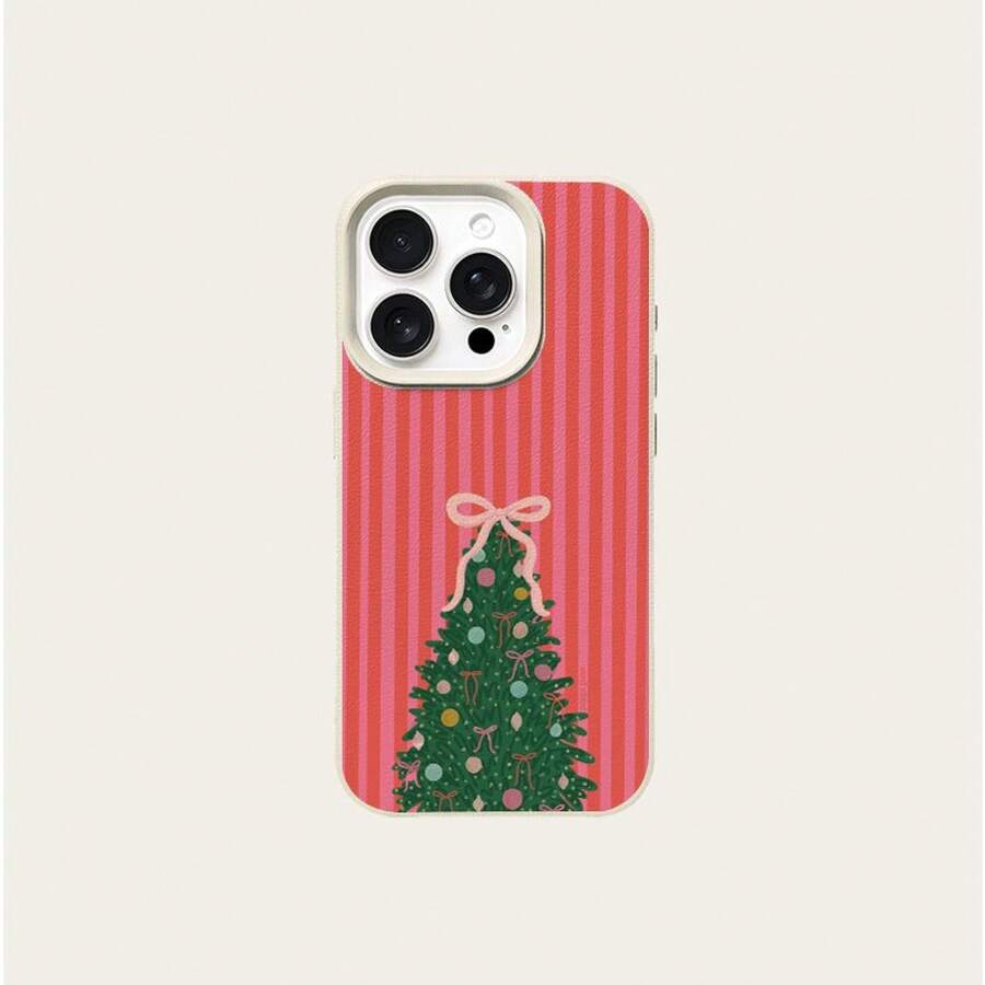 Funda de diseño de ilustración de árbol de Navidad a rayas rosas para 16 Pro Max, compatible con 15 Pro Max/14/16 Plus/15/13P/12/11 - Funda protectora de moda delgada de TPU a prueba de golpes, , accesorio de teléfono a prueba de golpes, funda de teléfono de Navidad, funda protectora delgada, patrón festivo, estética minimalista, material de TPU delgado, funda de teléfono duradera, buscadores de regalos, compradores de festividades Carcasa personalizada con estampado - Blanco antiguo - Ver 1