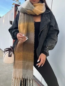 1pc Fashionable Multi-Color Striped Plaid Fleece Warm Scarf For Women, Bohemian Style Casual Windproof Couple Shawl, Cozy Blanket Scarf Suitable For Daily Wear, Autumn/Winter - Brown - View 2