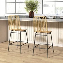HOMCOM Set Of 2 Bar Stools With Backrest, Boho Design, PE Rattan, Includes Footrest, 42.5 X 52 X 102, Yellow + Black On The Site - 1 - View 4
