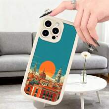 Fundas de teléfono transparentes y modernas,Cubierta de teléfono con diseño de ciudad al atardecer color turquesa con edificios históricos y sol naranja ideal para uso diario en interiores y exteriores Aplicable a teléfonos Apple y Galaxy - Blanco - Ver 2