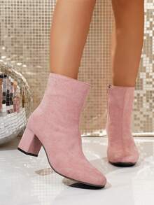 女士秋冬新款英伦风弹力麂皮修身踝靴，舒适百搭显瘦粗跟时尚踝靴 - 粉色 - 查看 3