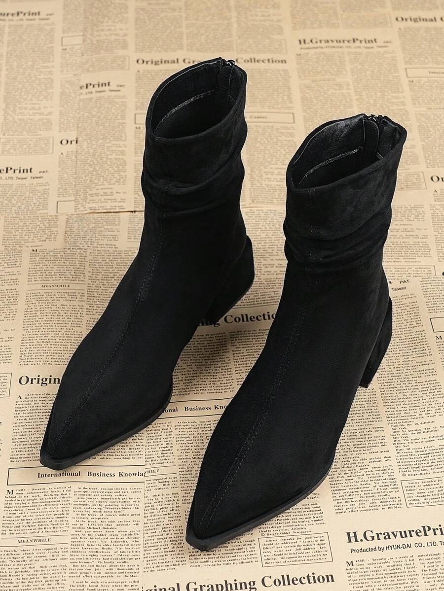 2025 法式尖头低跟麂皮修身踝靴，时尚韩版，秋季必备，踝靴/短靴，经典靴款，冬季/秋季/秋冬，优雅 - 黑色 - 查看 1