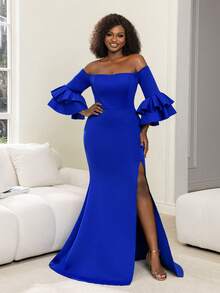 Faeriesty Chic Plus Elegant Off-Shoulder Evening Gown With Long Sleeves & Flared Ruffled Cuffs | Form-Fitting Silhouette & High Front Slit | Slight Stretch Fabric For Galas, Weddings & Upscale Evening Gatherings