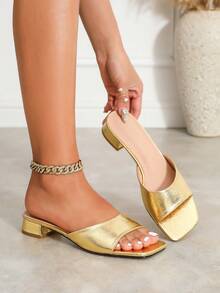 Dép lê quai kim loại thời trang nữ, màu đỏ tía, gót thấp, thoải mái, đa năng, chống trơn trượt, kiểu La Mã. - Vàng - Xem 3