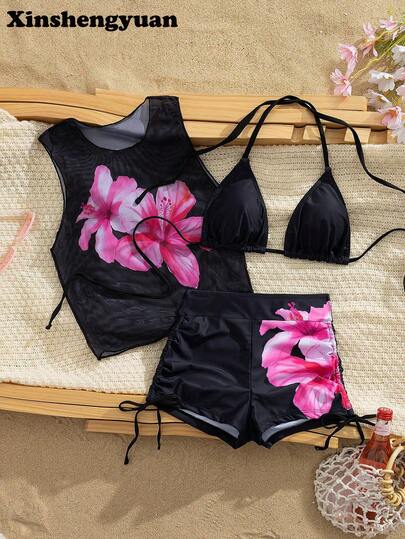 Conjunto de bikini de 3 piezas con parte superior transparente, estampado de flores de hibisco y pantalones con pliegues y cordón lateral, de estilo europeo y americano, para Año Nuevo, Día de San Valentín, elegante y sexy para fiestas en la playa