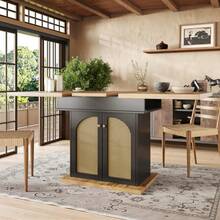 Large Telescopic Table (110-140 X 80 Cm), Folding Kitchen Table For 4-6 People, Extendable Dining Table, Space-Saving Kitchen Table, For Kitchen And Living Room, Table With PE Rattan Cabinet Doors - 黑色 - 查看 5