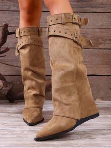 Khaki Suede Pointed Toe Wedge Heel Belted Tall Boots For Women, Slim Leg Design