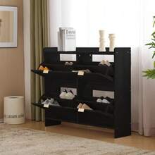 Modern Shoe Cabinet With 4 Drop-Down Compartments, Freestanding Shoe Rack, Open Shelves, Suitable For Entryway Or Hallway, Black, Dimensions: W110/H90/D24 Cm - Black - View 3