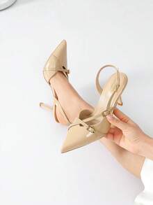 Nude Beige High Heels For Women Closed Pointed Toe Strappy Dress Pumps Slingback Kitten Heels Buckle Strap Shoes - Màu be - Xem 14