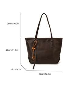 Bolsa Tote de 1 pieza de unicolor de tela de PU Low Tea, bolsa de hombro de moda retro para mujer, diseño de doble asa superior, cierre con cremallera, adecuada para viajes, compras, citas, regalo para mujer, perfecta para ir al trabajo, actividades al aire libre, viajes, salidas (con colgante) - Café - Ver 3