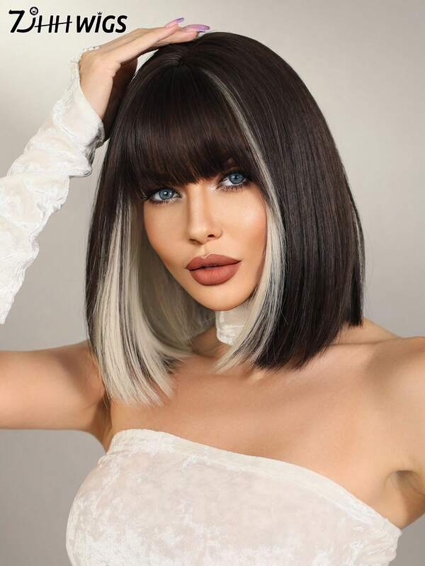 7JHH WIGS 12 Inch Dark Brown Bob Wigs For Women - Elegant Mixed Blonde Highlight Short Straight Hair Wig With Bangs, Premium Silky Synthetic Heat Resistant Wig For Daily Wear, School & Music Festivals Celebrations Use. Graduation Gift & Mother's Gift Wig Accessories
