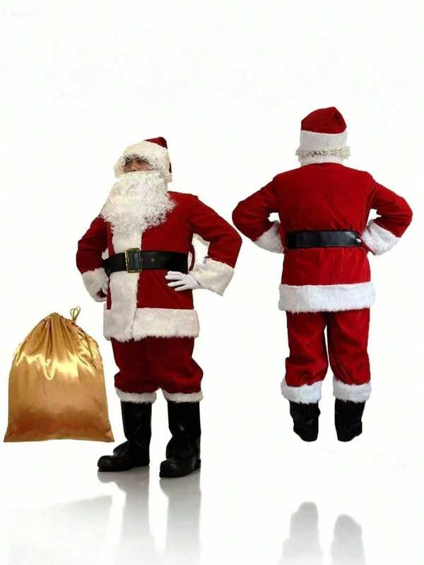1set- Luxury Santa Claus Adult Costume, Cosplay Male Santa Claus Costume Santa Claus Costume Coat, Trousers, Hat, Beard, Belt, Shoe Cover, Golden Santa Claus Bag, Wig, Gloves And Glasses Santa Claus Costume. Best Gift Birthday Home Decoration Christmas Decorations Room Decoration Christmas, Suitable For Christmas Holiday Dress, Holiday Funny Travel Equipment. (Some Parts Of The Product Are Shipped At Random) Winter