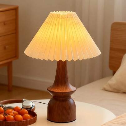 1个LED木纹金属台灯，复古褶皱布艺灯罩，柔和光线，北欧、意式风格，乡村风客厅卧室现代简约阅读学习桌灯，个性化创意简约，暖光装饰多用途暖光露营浪漫优雅氛围床头夜灯