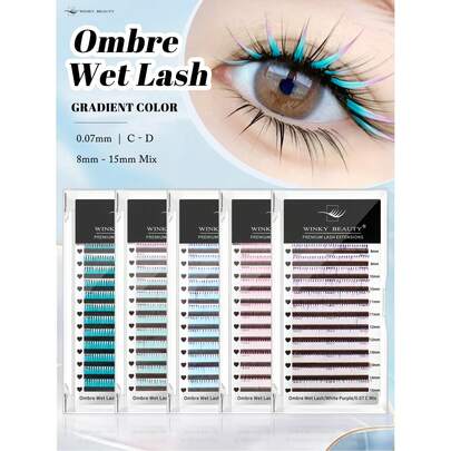 Winky Beauty 12排新款渐变色湿式假睫毛，0.07mm，12种颜色自然混合，适合角色扮演、漫画等造型，单根自然预制睫毛，C/D 8-15mm