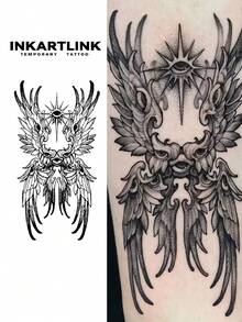 INKARTLINK 哥特暗黑现代风格临时纹身贴纸，六翼天使图腾，防水贴纸，可持续1-2周，适合前卫、暗黑风格的夜店装扮 - 查看 1