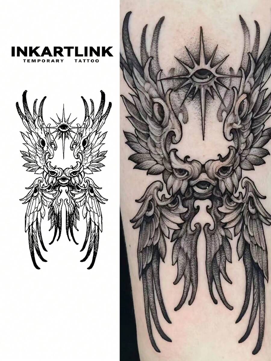 INKARTLINK 哥特暗黑现代风格临时纹身贴纸，六翼天使图腾，防水贴纸，可持续1-2周，适合前卫、暗黑风格的夜店装扮 - 查看 1