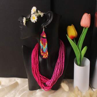 新款原创设计，流行波西米亚复古风，夸张多层撞色项链耳环套装，串珠项链及吊坠，生日礼物