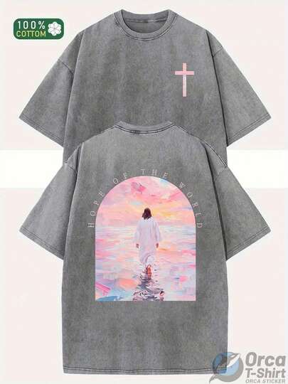 230g Heavyweight Wax-Printed T-Shirt - Unisex Oversized Round Neck Short Sleeve With Front & Back Christian Faith Design (Jesus Walking On Water, Cross & John 14:6 Bible Verse) - Machine Washable Summer Casual Church Wear, Easter Gift For Men & Women