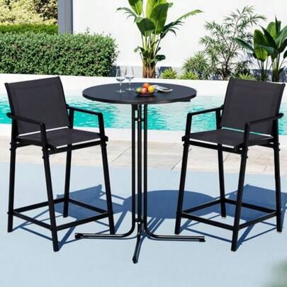 3PC Outdoor Bar Set Stools Dining Chairs Table Patio Furniture Bistro Set Steel Black