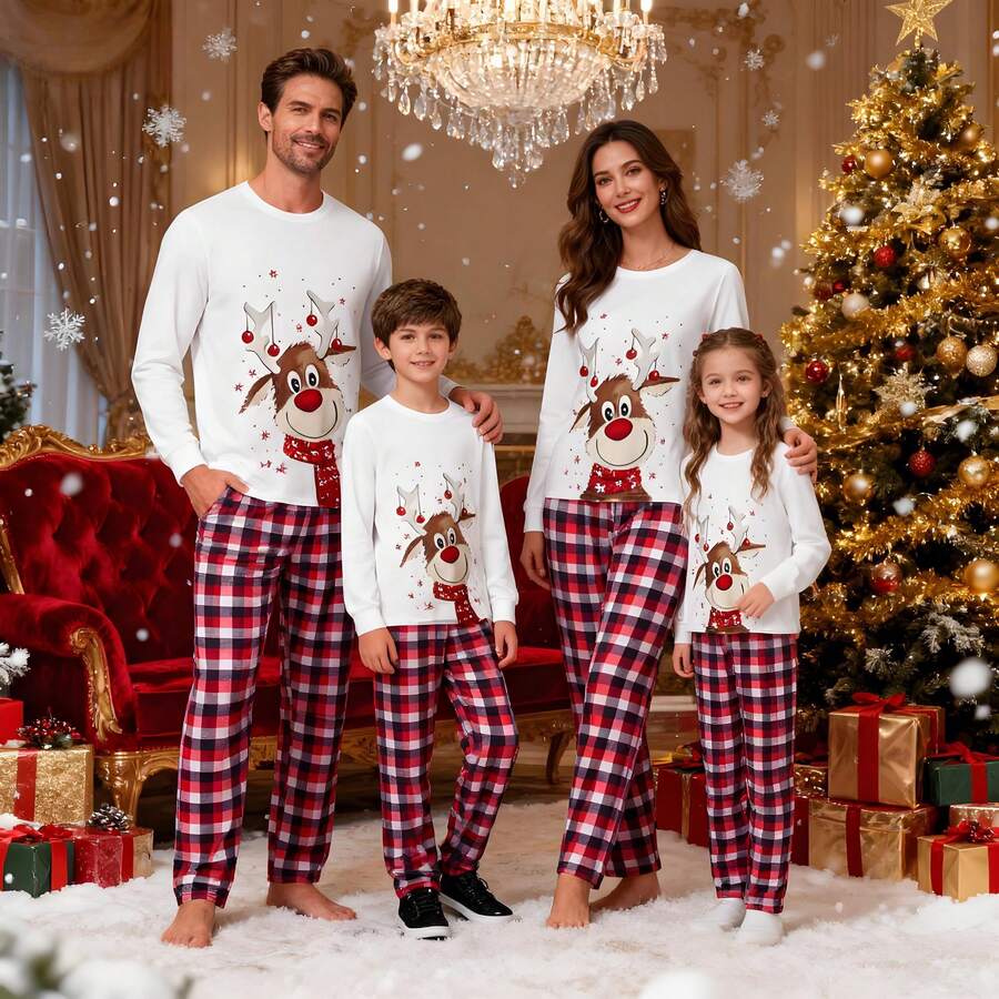Family Christmas Pajamas Matching Sets For Kids Men Women Christmas Pajamas Cute Reindeer Tees Tops Plaid Pants Xmas Holiday Pajamas Sleeper Loungewear Matching Christmas Pajamas For Family - Đỏ và trắng - Xem 1