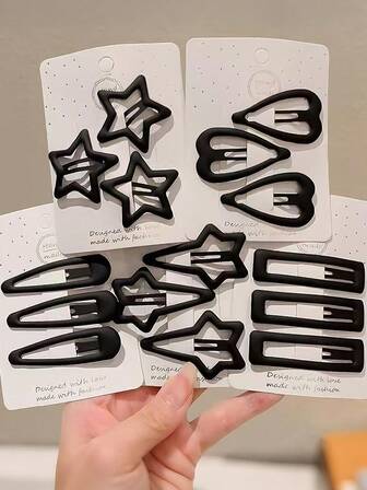  VBOOR 10/20pcs Random Korean Style Black Simple Elegant Matte BB Clips, Comet, Heart, Pentagram Hair Clips, Non-Damaging Side Bangs & Flyaway Hair Clips, Casual Daily Accessories, Hair Claws, Hair Slide, Hair Barrettes
