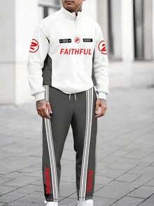 男士时尚条纹街头风半拉链卫衣长裤套装（2件套），秋季服装 - 彩色 - 查看 5