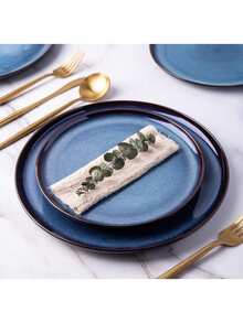 6英寸浅蓝色陶瓷盘，活性釉面甜点/沙拉盘，耐刮擦 - 瓷器餐具，适合盛放牛排、小吃