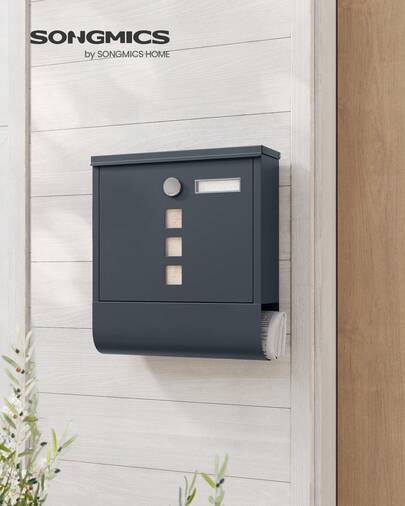 SONGMICS BuzÓn, BuzÓn de Correos, Cerradura con Cilindro de Cobre y Tapa Giratoria, Placa de IdentificaciÓn, Porta-PeriÓdicos, FÁcil Montaje, 10 x 30,8 x 33,8 cm, Gris Antracita