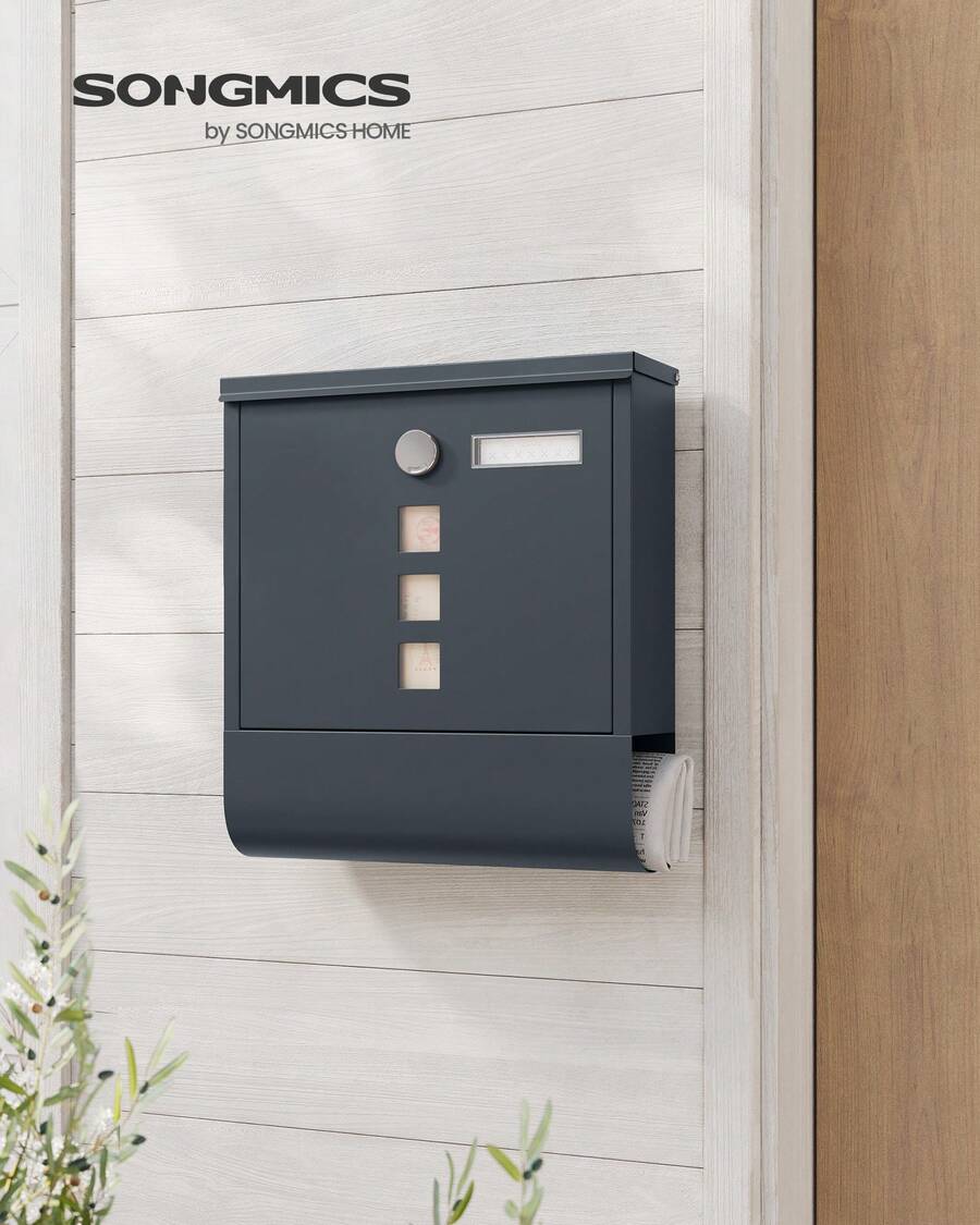 SONGMICS BuzÓn, BuzÓn de Correos, Cerradura con Cilindro de Cobre y Tapa Giratoria, Placa de IdentificaciÓn, Porta-PeriÓdicos, FÁcil Montaje, 10 x 30,8 x 33,8 cm, Gris Antracita - Gris Oscuro - Ver 1