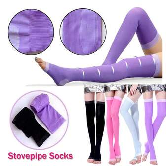 2PCS Thigh High Compression Stockings Toeless - Unisex, Opaque, 20-30mmHg Graduated Compression Leg Support Hose With Anti-Slip Silicone Band - Workout,Running, Travel, Black/Purple/Pink/Beige